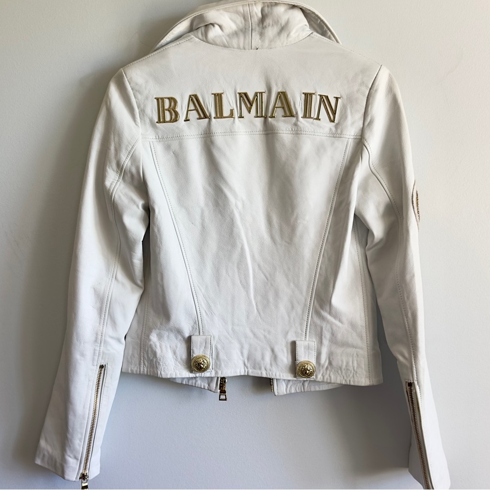 Balmain Paris Leather Jacket White Cropped Moto Gold Buttons Size S - Picture 3 of 11